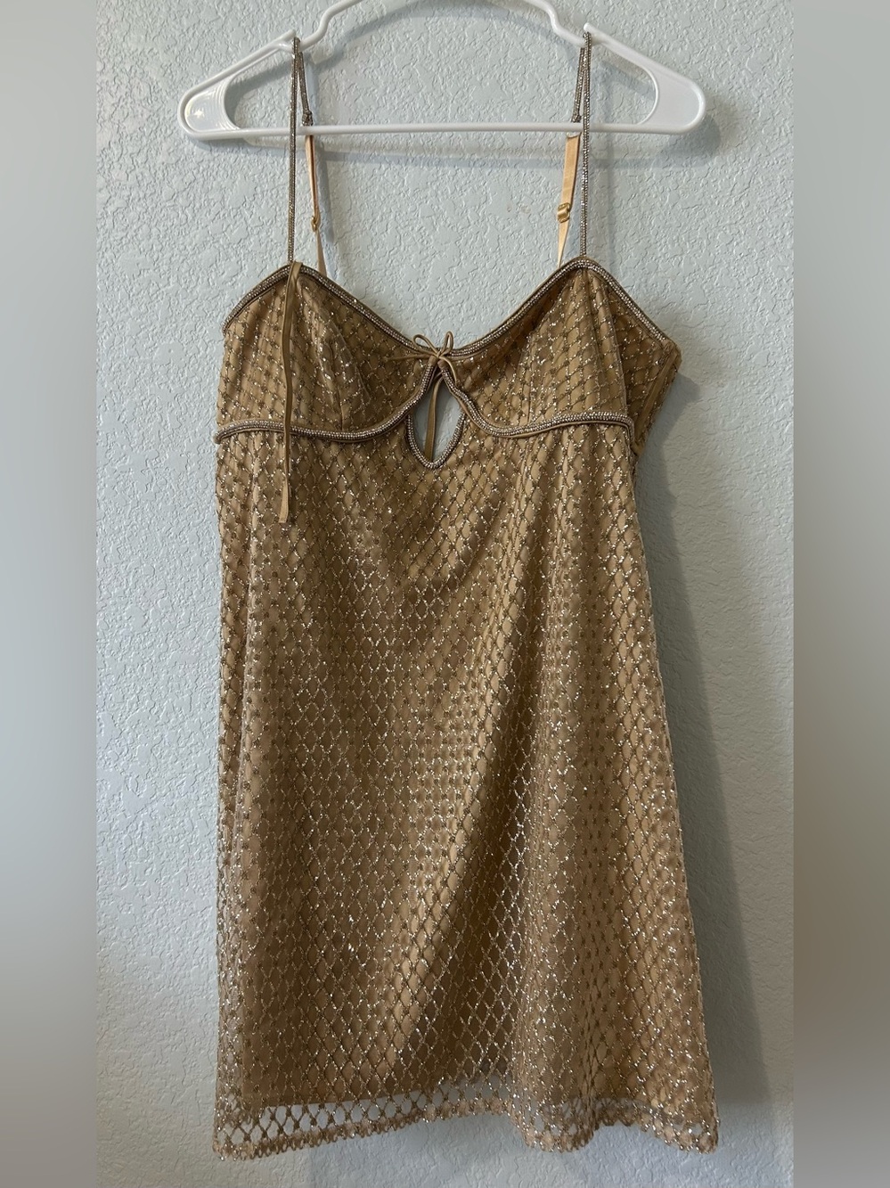 For Love & Lemons Gold Beaded Strapless Slip Dress